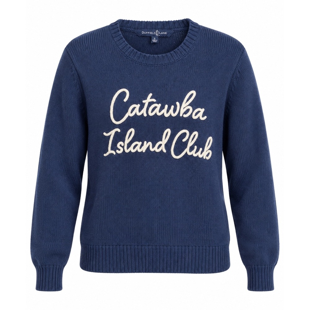 Duffield Lane Crew Neck Sweater Navy Blue White Catawba Island Club Cotton S